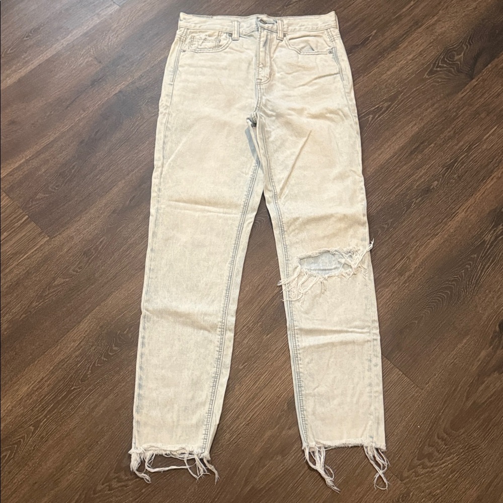 AE Mom Distressed Faded Blue Jeans with Frayed Hem
